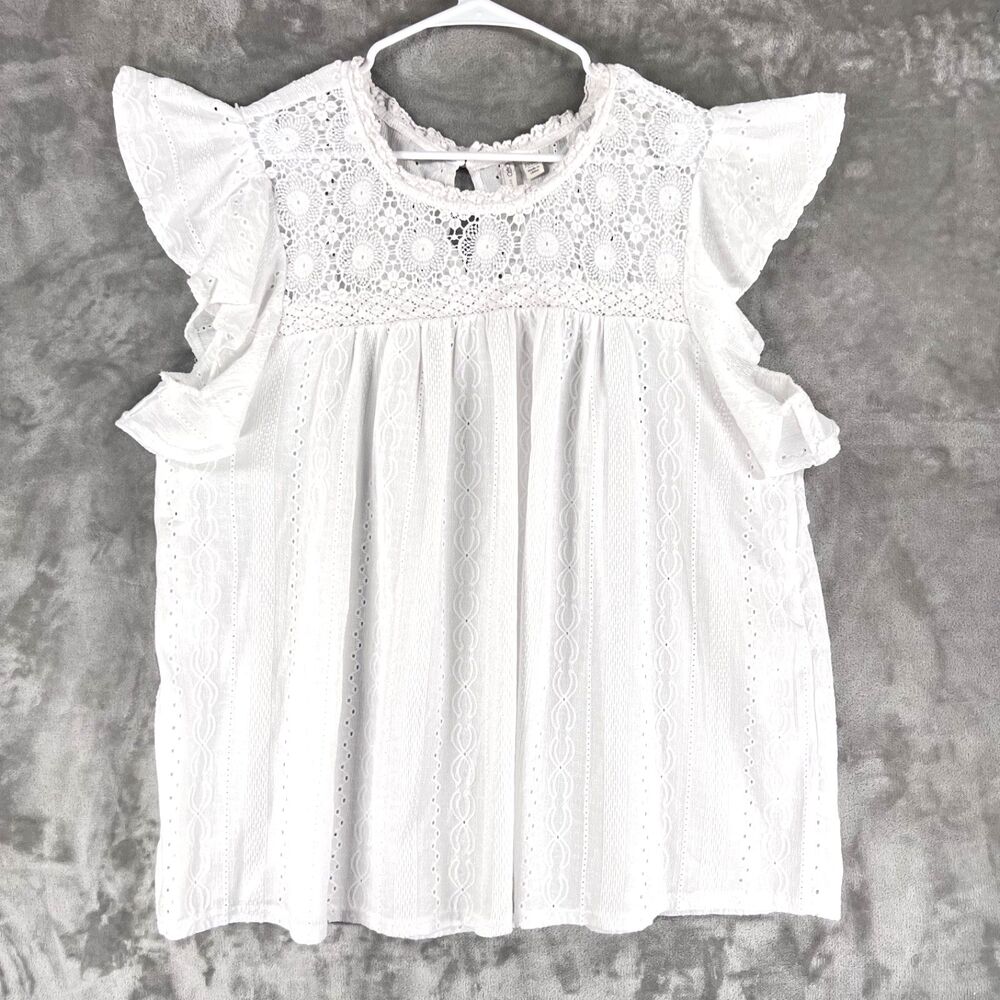 Cato Women’s Plus Size 22/24W White Eyelet Lace Flutter Sleeve Boho Blouse